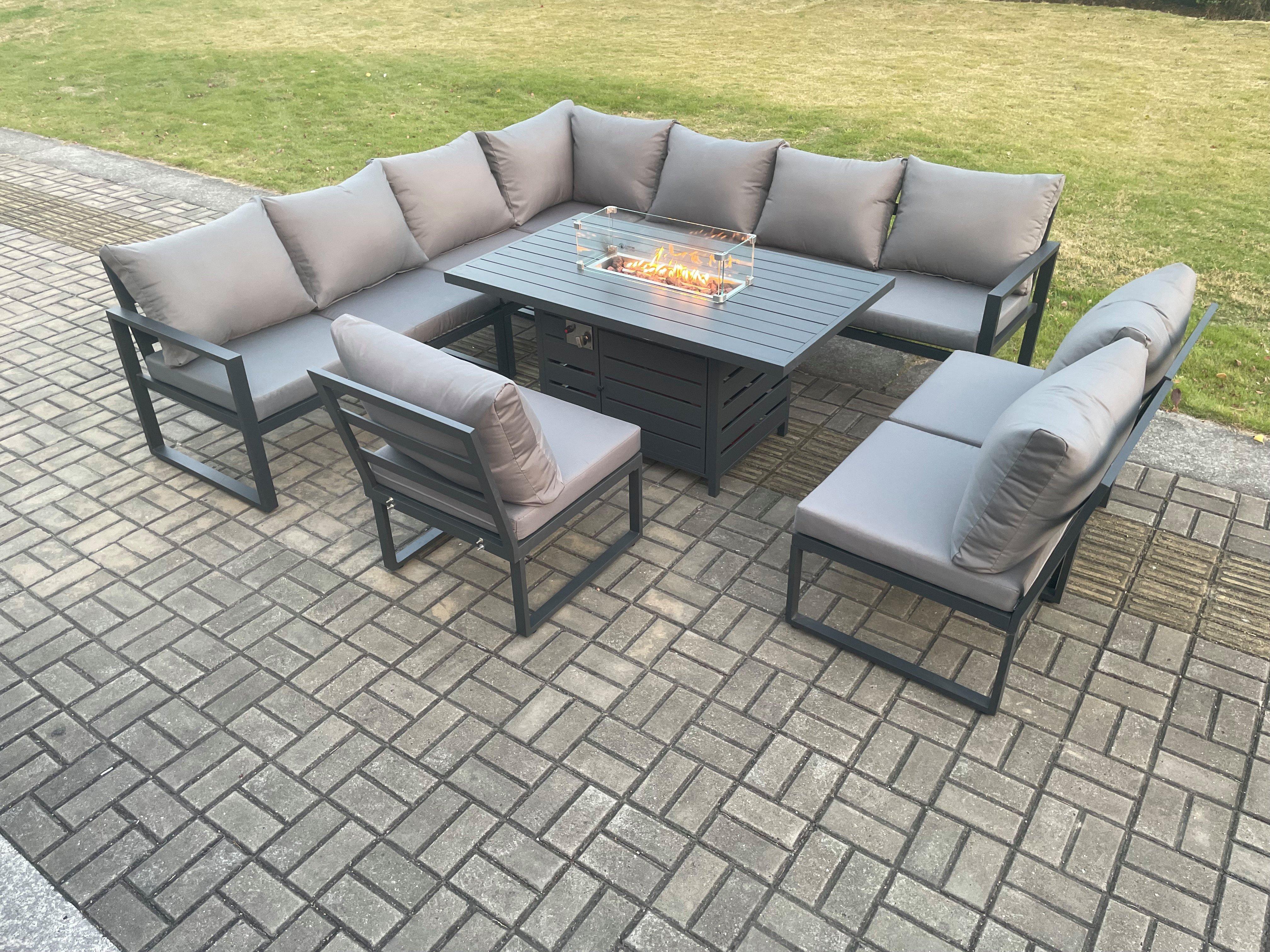Aluminium 10 Seater Lounge Corner Sofa Outdoor Garden Furniture Sets Gas Fire Pit Dining Table Set D